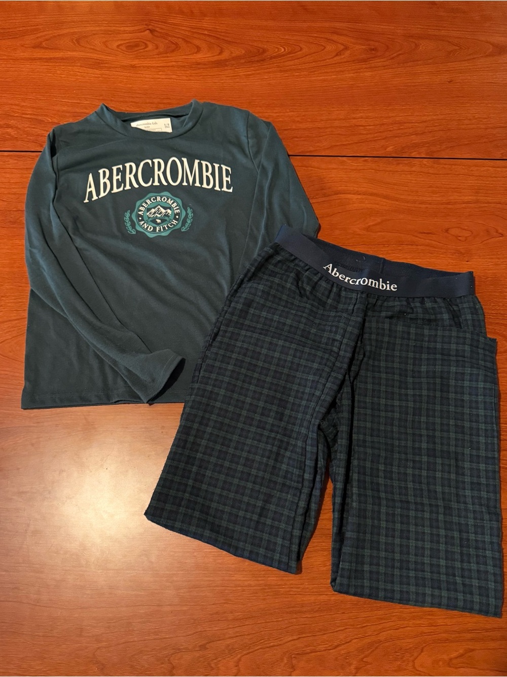 abercrombie kids navy & dark green plaid pajama set - long sleeve top & shorts